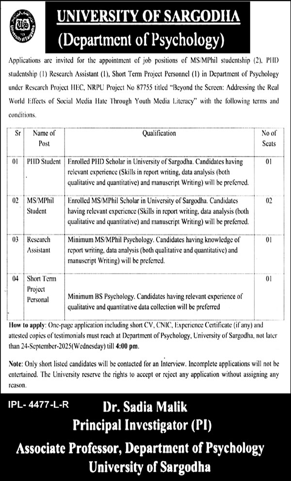 Jobs in University of Sargodha